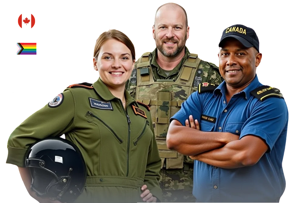 A team of military and government staff smiling and hanging out with their iconic gear.